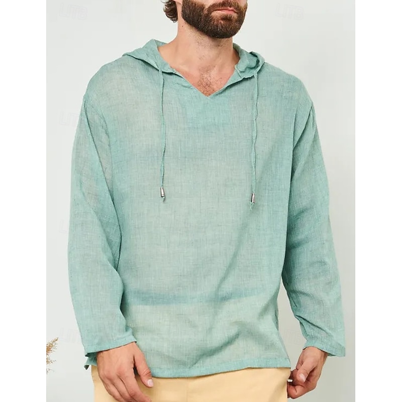 Men's Shirt Linen Shirt Popover Shirt Summer Shirt Beach Wear Hooded Shirt Solid Color Vacation Street White Light Green Blue Green Long Sleeve Hooded Summer Spring Clothing Apparel