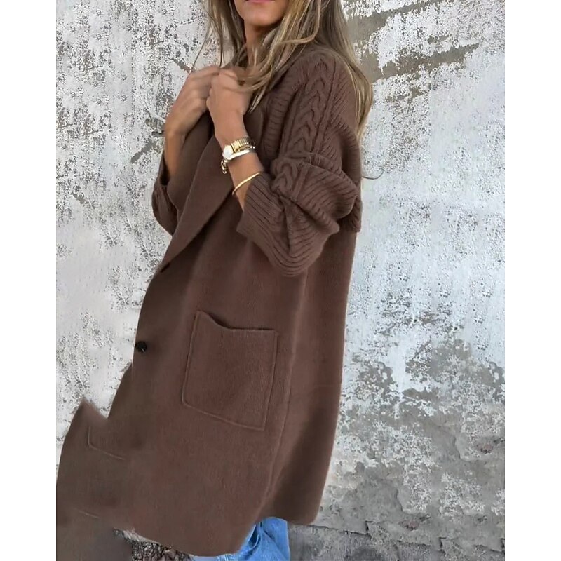 Women's Cardigan Casual Soft Solid Color Cable Shirt Collar Pocket Knitted Long Sleeve Long Tops Knit Daily Going out Weekend Black Red Fall4