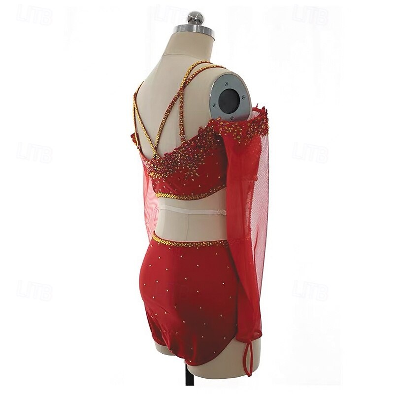 Figure Skating Dress Women's Girls' Ice Skating Dress Red Patchwork Open Back Mesh Spandex Stretchy Training Practice Professional Skating Wear Thermal Warm Crystal / Rhinestone Sleeveless Ice4