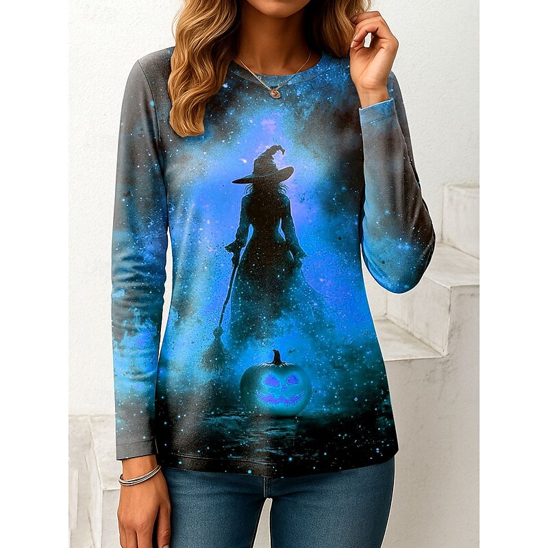 Halloween Women's T shirt Witch Long Sleeve Graphic Pumpkin Vintage Fashion Stylish Long Sleeve Crew Neck Regular Tops Daily Print Pink Blue Orange Green Fall Winter Prefall3