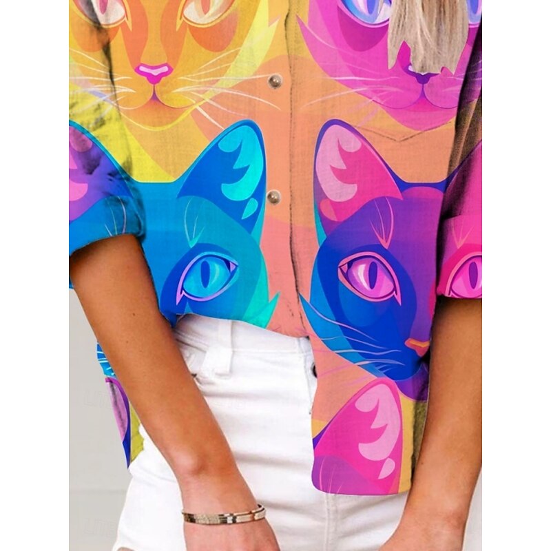 Women's Shirt Cat Active Daily Stylish Long Sleeve Shirt Collar Regular Tops Daily Holiday Buttons Print Rainbow Summer Spring Fall2