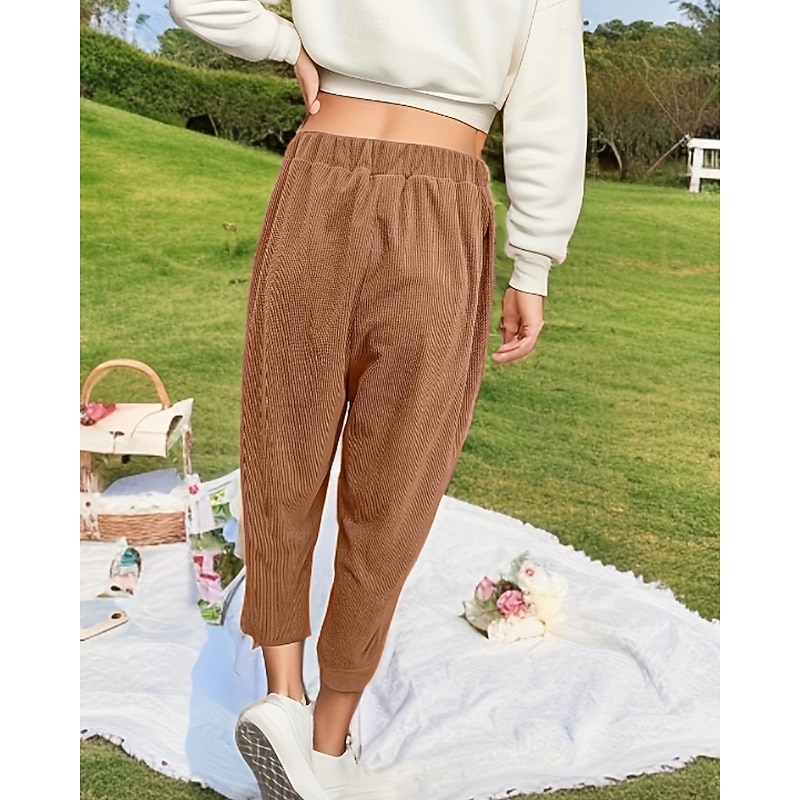 Women's Corduroy Pants Slacks Straight Streetwear Casual Full Length Natural Plain Pocket Elastic Waist Comfy Street Holiday Weekend claret Dark Brown Black Yellow Fall Regular Fit3