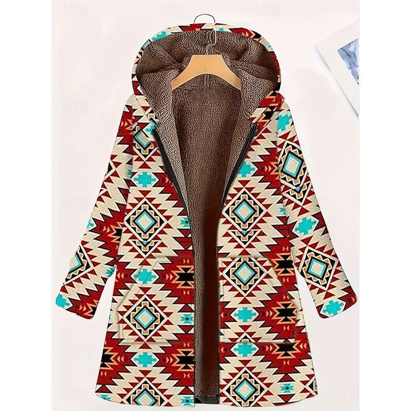 Women's Zip Up Hoodies Geometric Casual Long Sleeve Hooded Long Tops Street Going out Zipper Pocket Blue Brown Green Fall Winter2