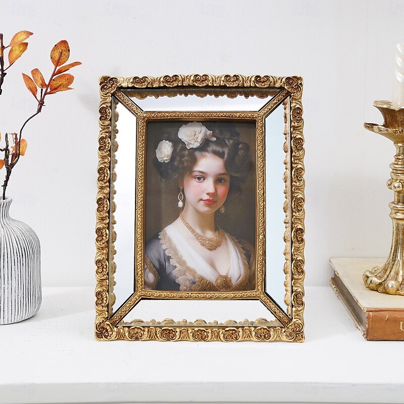 Gold Fern Leaf Pattern Decorative Photo Frame with Mirror Inlay – Home Décor Picture Frame, Horizontal & Vertical Use for Bedroom, Study, Desk, and Photography Prop3