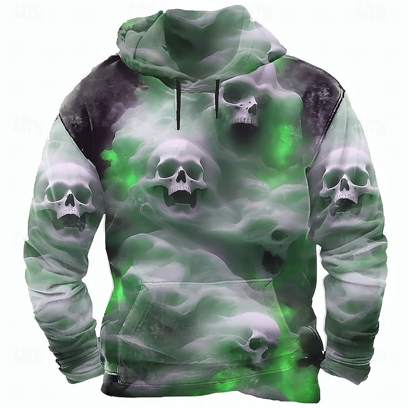 Halloween Men's Skull 3D Hoodie Sweatshirt Punk Exaggerated Long Sleeve Crew Neck Club Streetwear Light Green Blue Drawstring Fall Winter Designer3