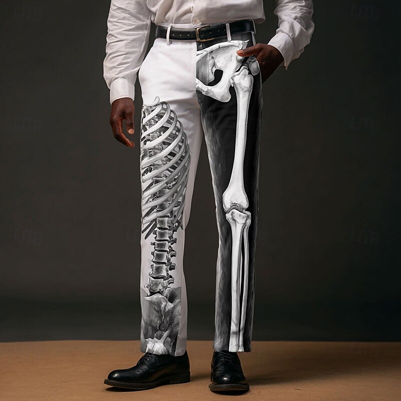 Halloween Men's Skeleton Halloween Costumes Dress Pants Trousers Suit Pants Mid Waist Dark Punk Gothic Style Outdoor Holiday Slim Fit Pants with Pockets Spring Fall 3D Print White Blue Orange