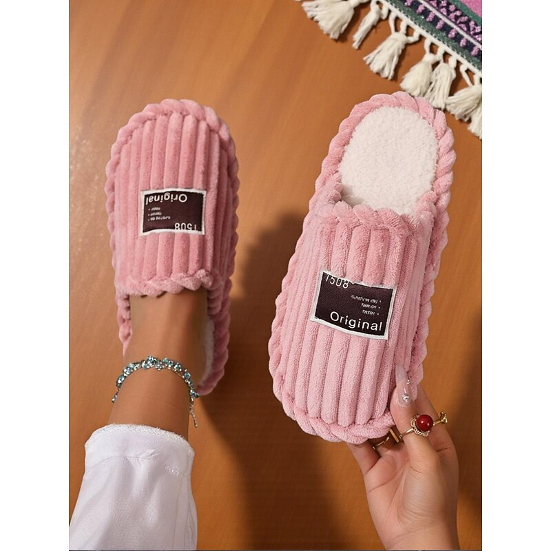Women's Wide Width Pink Plush House Slippers – Cozy Indoor Slip-Ons with Cushioned Sole for Home, Dorm and Relaxed Lounging