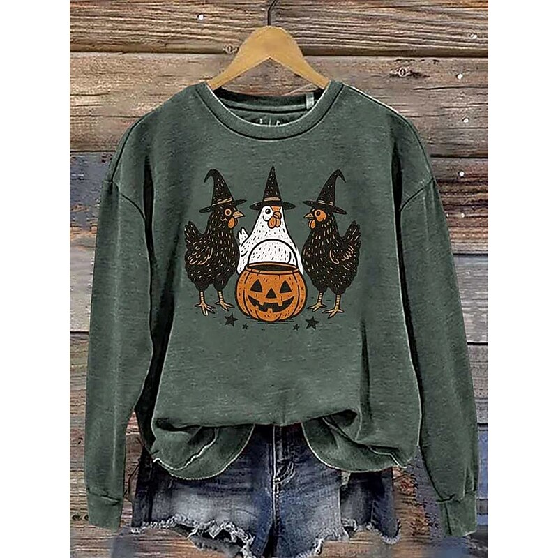 Halloween Women's Pullover Sweatshirt Witch Graphic Animal Pumpkin Fashion Casual Long Sleeve Crew Neck Regular Tops Street Dailywear Casual Print Pink Dark Green Orange Fall Winter2