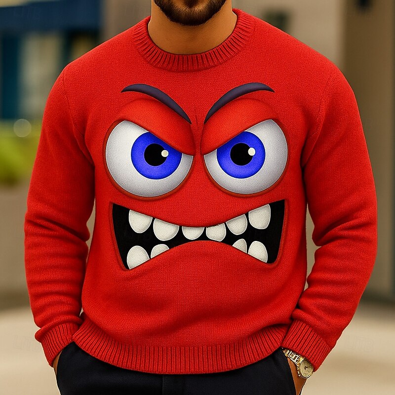 Men's Cartoon Human face Sweater Pullover Sweater Jumper Crewneck Casual Outdoor Home Daily Embroidered 3D Print Knitting Long Sleeve Spring Fall Winter Black Red Blue4