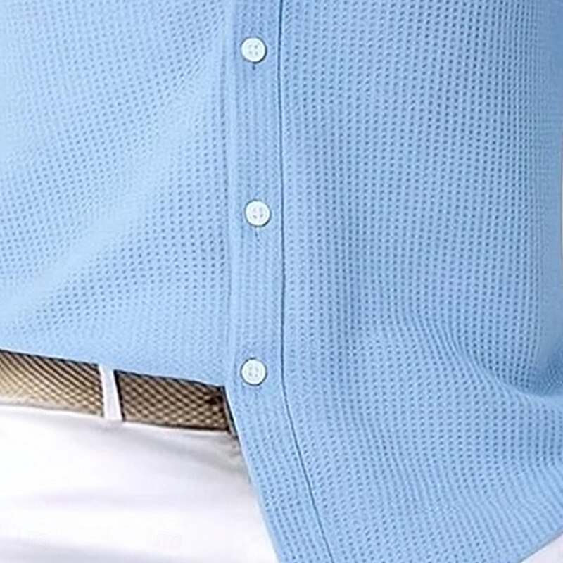 Men's Shirt Waffle Shirt Summer Shirt Casual Shirt Button Up Shirt White Pink Green khaki Dark Gray Long Sleeve Plain Lapel Vacation Casual Clothing Apparel Fashion Casual Comfortable3