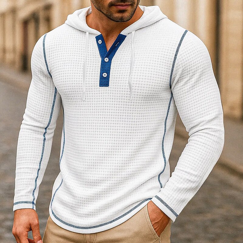 Men's Waffle Hoodies T Shirt Waffle Henley Shirt Henley Shirt Long Sleeve Hooded Henley Spring Spring &  Fall Plain Fashion Designer Basic Patchwork Hooded Vacation Street Casual Black White Navy Blue