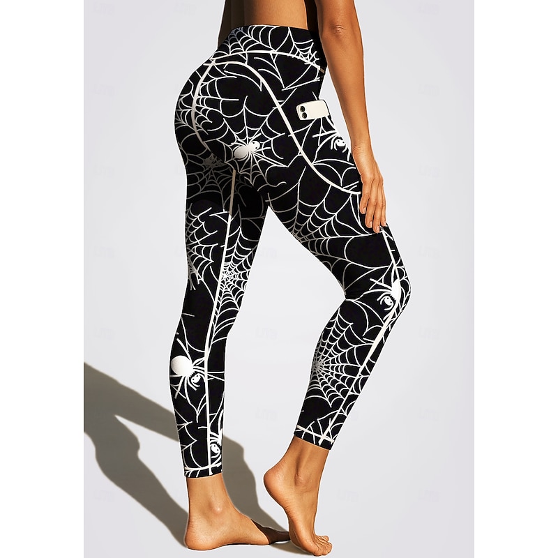 Women's Unisex pilates leggings fitness pants Gym Leggings Pockets Stamp Duty Side Pockets Pilates Gym Gym Workout Pants Tights Leggings Graphic Halloween Black Orange Sports Activewear Stretchy Slim