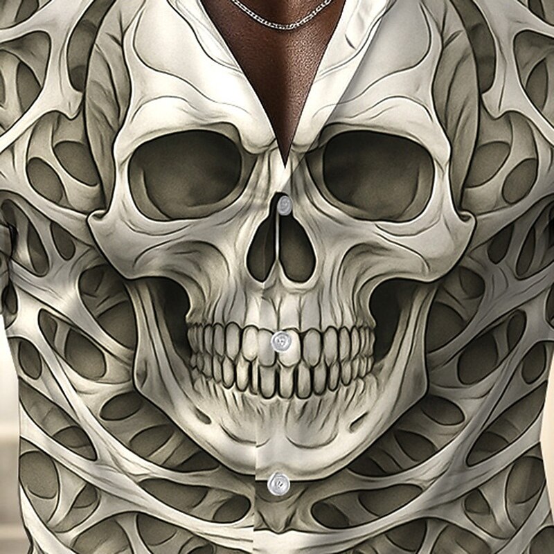Men's Skull Halloween Costumes Shirt Satin Shirt Dress Shirt Long Sleeve Dark Gothic Style Holiday Summer Spring Fall Turndown 3D Print Button Up Shirts Blue Green Khaki Gray2