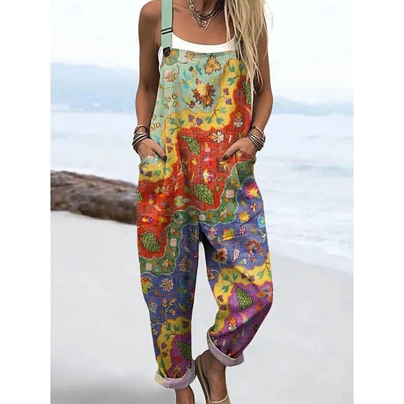 Women's Dungarees Active Floral Sleeveless Sleeveless Straight Square Neck Pocket with Pocket Vacation Daily Loose Fit Pink Purple Khaki Summer3