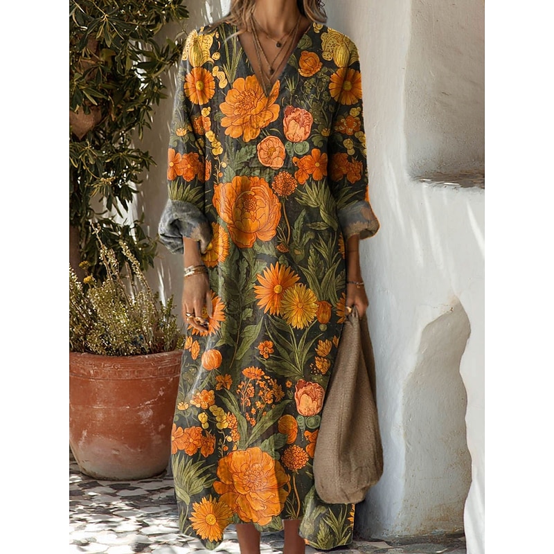 Women's Maxi Dress Sundress A Line Dress Vacation Casual Boho Party Holiday Beach Regular Fit Floral Graphic Geometric Long Sleeve V Neck Yellow Red Blue Orange Summer Spring Fall2