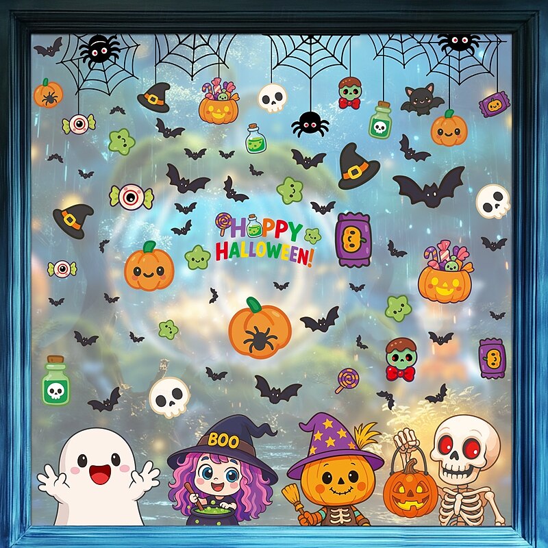 5 Sheets Halloween Window Cling Wall Sticker Decals Decorations, Cartoon Pumpkins, Skulls, Ghosts, Spider Webs & Bats, Static Cling, Halloween Party Home Decor