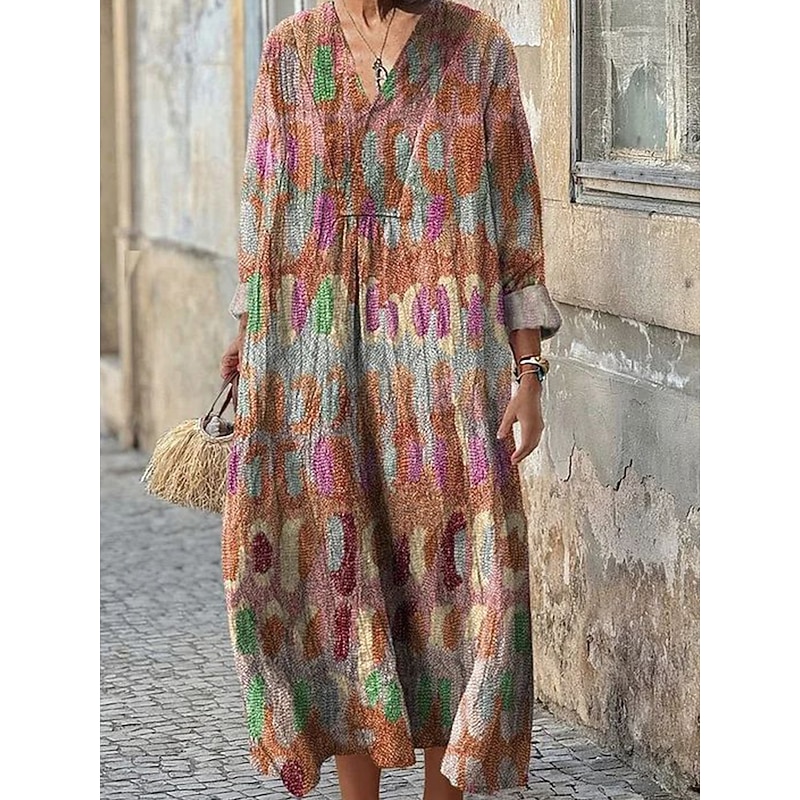 Women's Maxi Dress Sundress A Line Dress Vacation Casual Boho Holiday Loose Fit Graphic Geometric Long Sleeve V Neck Dark Brown Blue Purple Brown Summer Spring Fall2