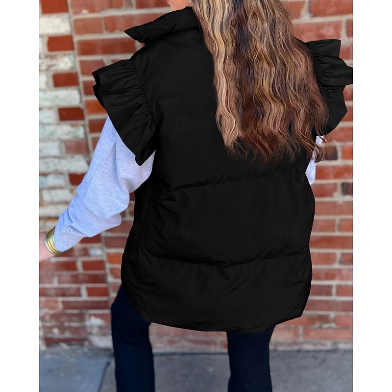 Women's Vest Warm Comfortable Pocket Buttons Casual Plain Street Holiday Single Breasted Regular Stand Collar Regular Fit Long Sleeve Outerwear Black Khaki Army Green Fall Winter4