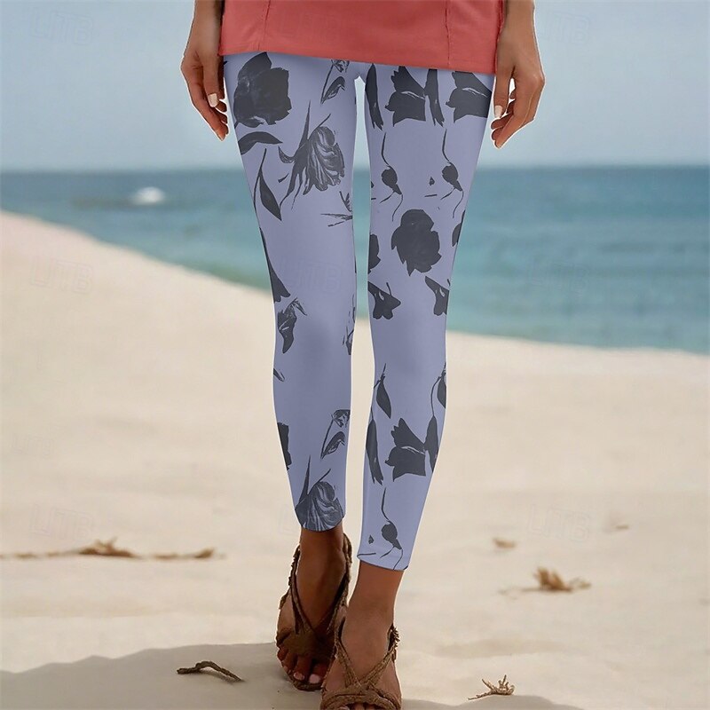 Women's Pants Trousers Leggings Cozy Leggings Streetwear Casual Full Length High Waist Floral Elastic Waist Print Breathability Comfortable Stretchy Vacation Street Daily Wear White Pink Blue Summer3