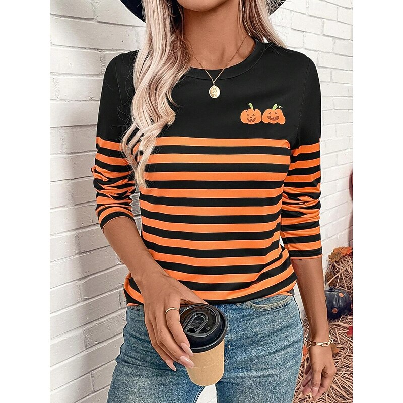 Halloween Women's T shirt Crew Neck Long Sleeve Tunic Graphic Geometric Pumpkin Vintage Stylish Classic  Round Neck Regular Tops Daily Print Black Orange Spring Fall4