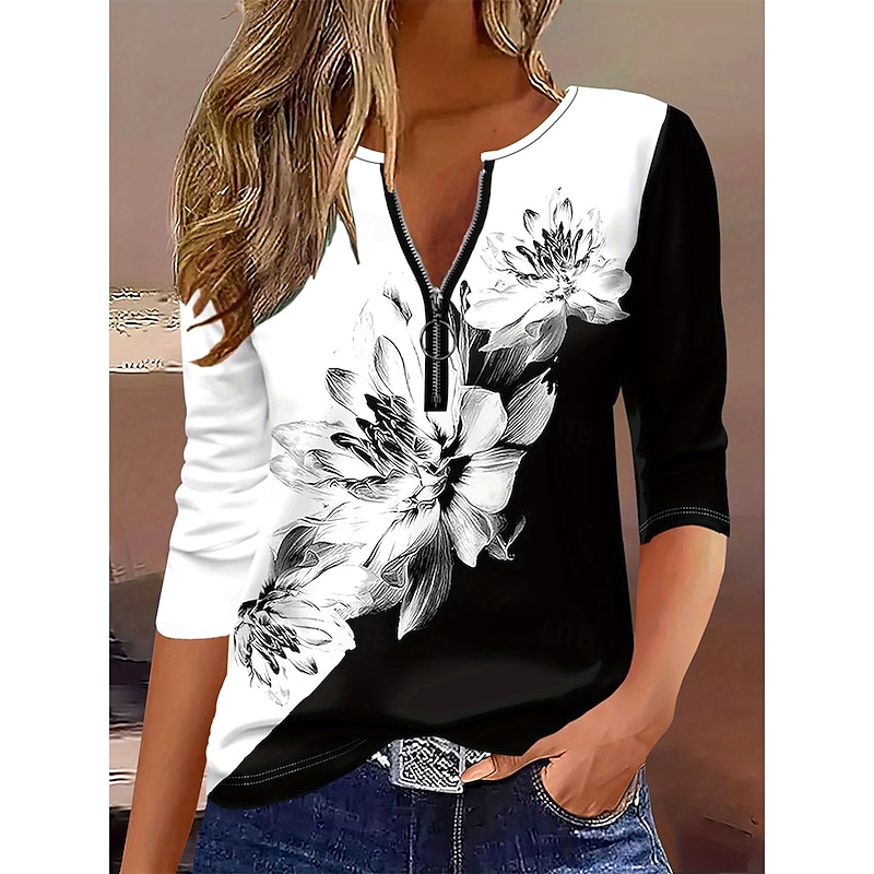 Women's T Shirt Floral Graphic Plants Elegant Vintage Stylish Long Sleeve Round Neck Notched Neck Regular Tops Daily Weekend Zipper Print Black and White Spring Fall Winter
