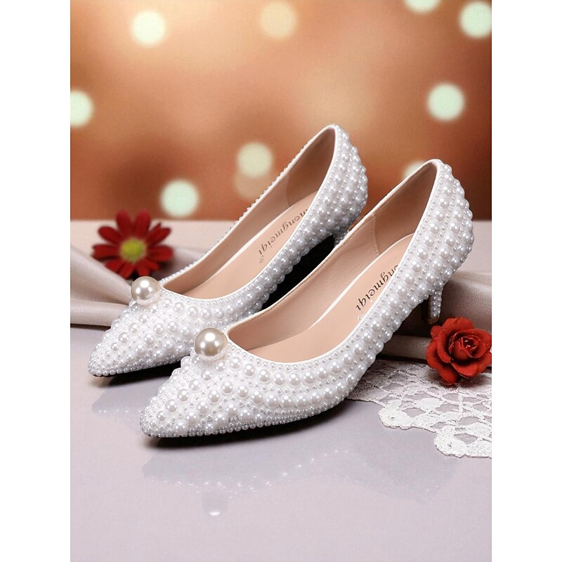 Women's Pearl-Embellished Kitten Heel Pumps and Matching Purse Set - Elegant Bridal Shoes and Purse for Weddings, Special Occasions3
