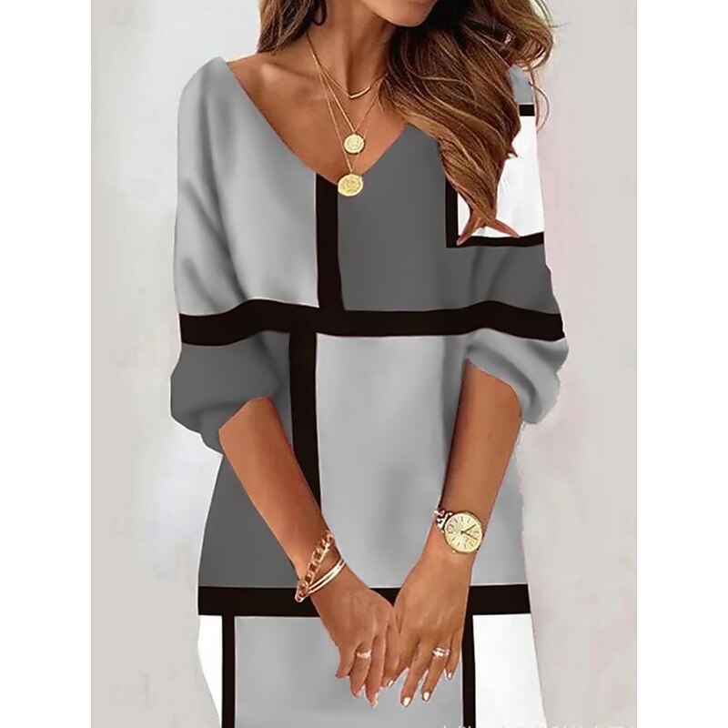 Women's Mini Dress Casual Dress Winter Dress Shift Dress Fashion Modern Daily Beach Weekend Regular Fit Plaid Color Block Long Sleeve V Neck Pink Khaki Gray Summer Spring Fall Autumn3