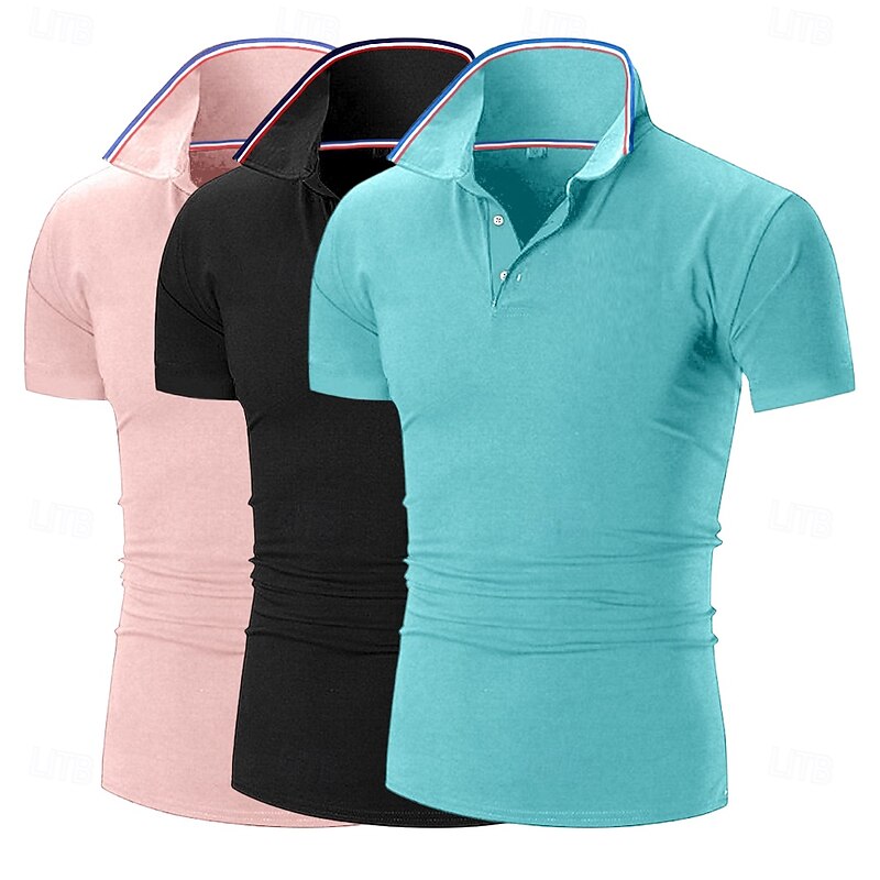 3PCS Men's Golf Shirt Pique Polo Shirt Business Casual Ribbed Polo Collar Short Sleeve Fashion Basic Solid Color Plain 3Piece Buttons Summer Spring Fall All Seasons Slim Fit white blue Golf3