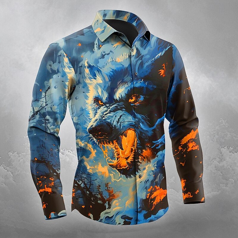 Halloween Men's Wolf Halloween Costumes Shirt Button Up Shirt Long Sleeve Dark Gothic Style Outdoor Holiday Spring Fall Turndown 3D Print Collared Shirts Orange yellow Blue Orange Dark Blue4