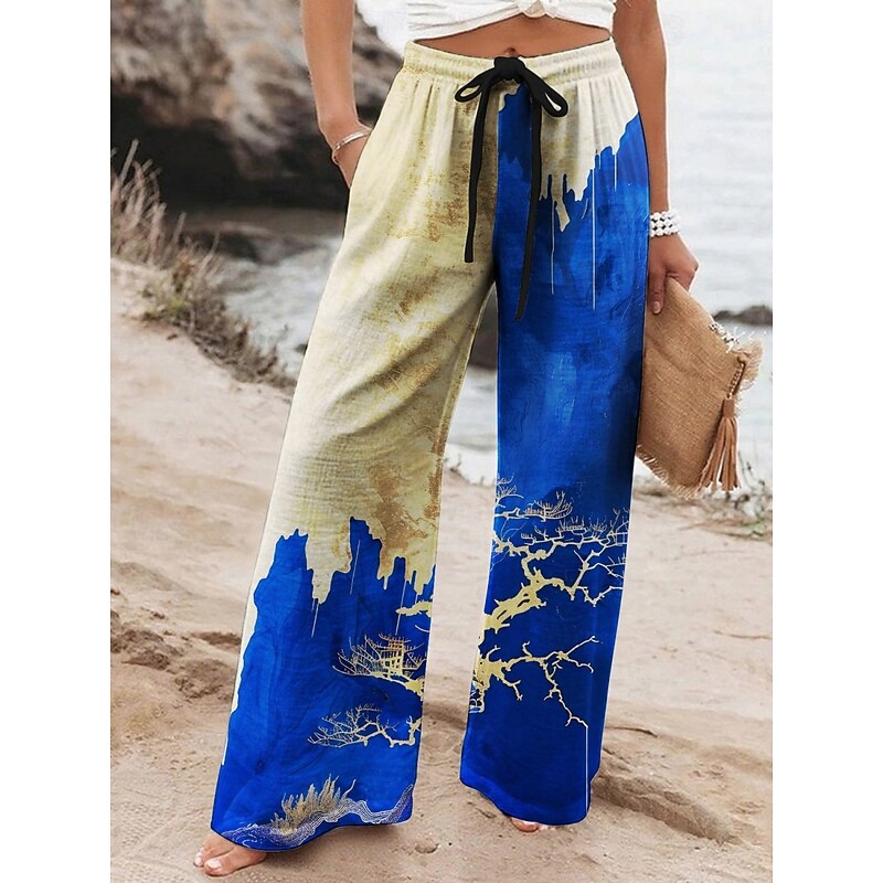 Women's Wide Leg Pants Trousers Vacation Casual Long High Waist Graphic Prints Elastic Waist Printing High Cut Breathability Soft Micro-elastic Vacation Street Daily Wear Blue Spring Fall Regular Fit