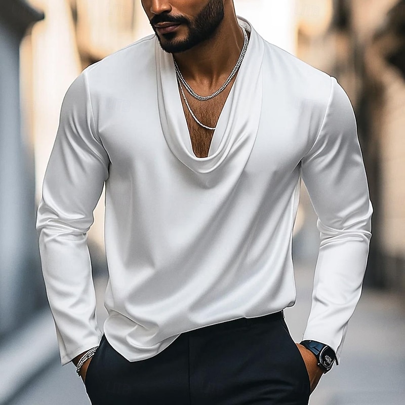 Men's Shirt Silk Like Satin Shirt Casual Shirt Plain Formal Wedding Black White Navy Blue Gold Long Sleeve Cowl Neck Spring &  Fall All Seasons Clothing Apparel Ruched4