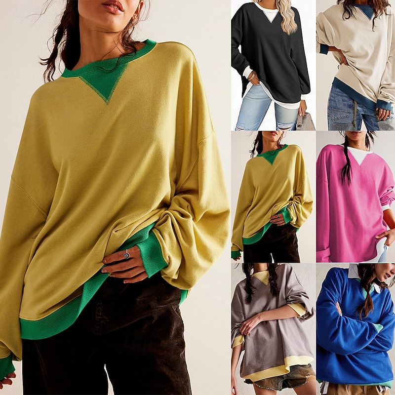 Women's Blouse Solid Color Active Vintage Sports Long Sleeve Crew Neck Regular Tops Work Daily Holiday Patchwork off white Black Rose Red Grey Spring Fall Winter