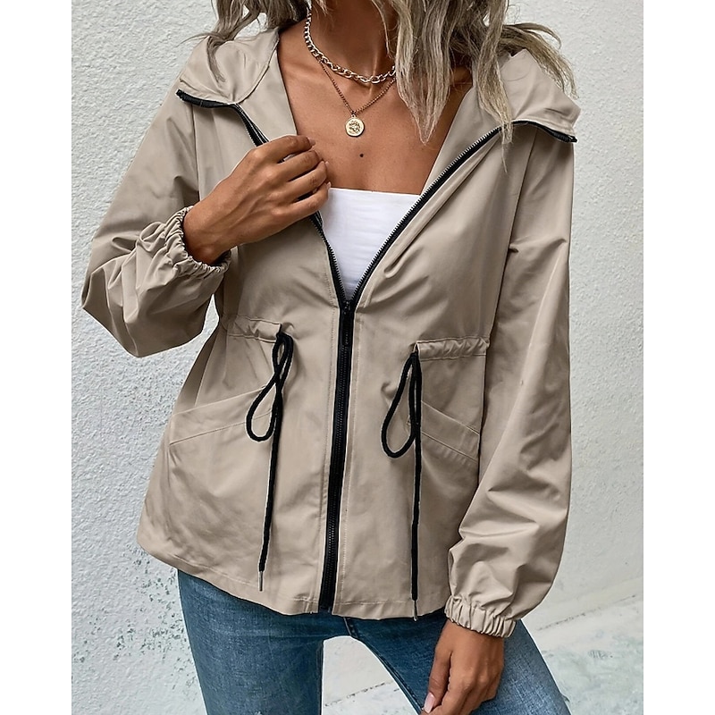 Women's Hoodie Jacket Warm Comfortable Drawstring Zipper Pocket Casual Plain Going out Weekend Zipper Regular Hooded Regular Fit Long Sleeve Outerwear Black Khaki Dark Gray Fall Winter4