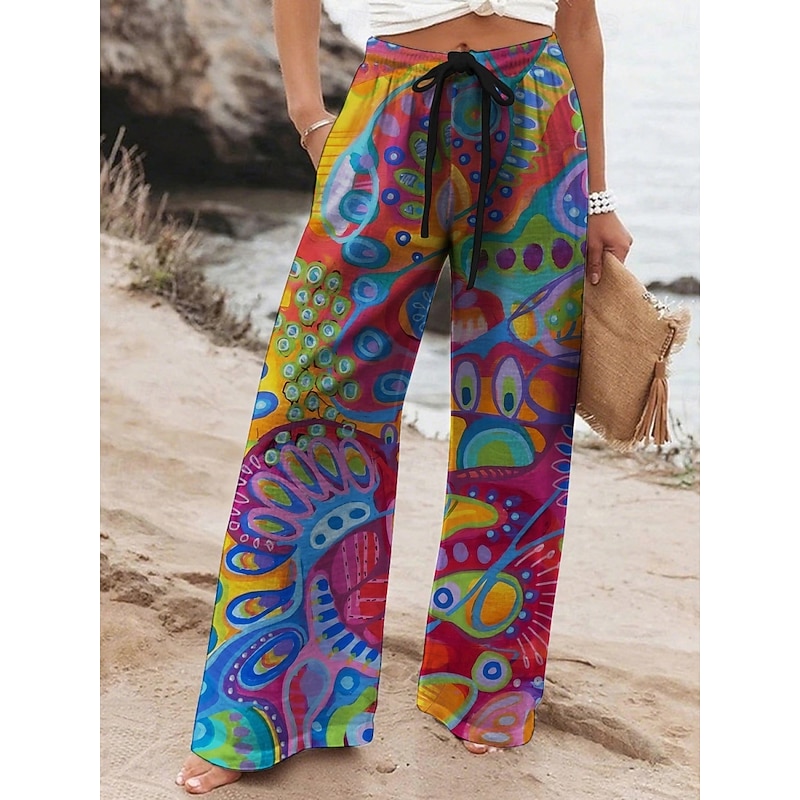 Women's Wide Leg Pants Trousers Vacation Casual Long High Waist Peacock Elastic Waist Printing High Cut Breathability Soft Micro-elastic Vacation Street Daily Wear Rainbow Spring Fall Regular Fit