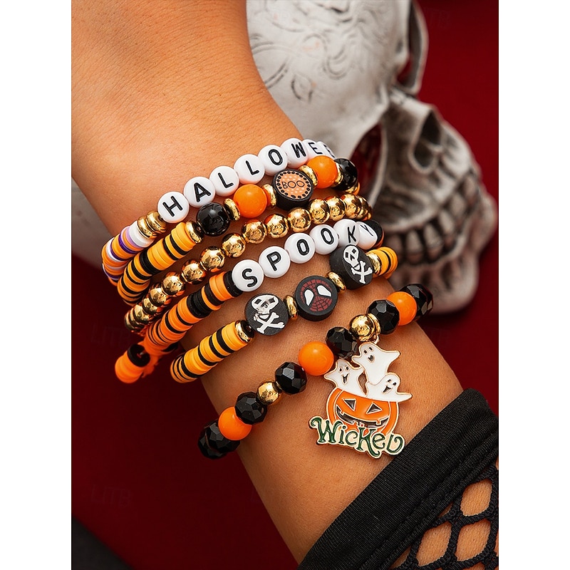 Women's Halloween Beaded Bracelet Set – Colorful Stretch Stackable Bangles with Pumpkin Ghost Charm for Party, Cosplay and Nightlife