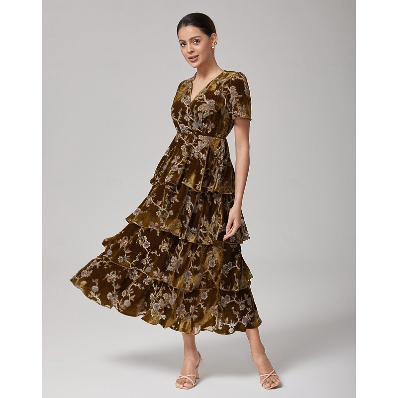 Women's Female Casual Dress Long Dress Maxi Dress Brown Short Sleeve Floral Fall Cross-Seasons V Neck Vintage XS S M