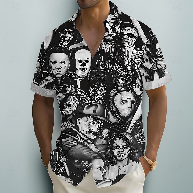 Halloween Men's Creepy Clown Retro Joker Shirt Summer Shirt Button Up Shirt Short Sleeve Dark Punk Gothic Style Holiday Streetwear Summer Turndown 3D Print Linen Like Shirt Black