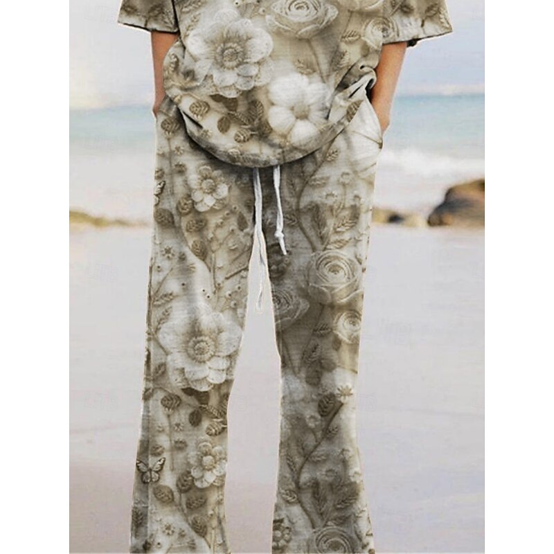 Women's Active Fashion Pants Sets 3/4 Length Sleeve Crew Neck Floral Print Vacation Daily Holiday Green Summer Regular Fit2