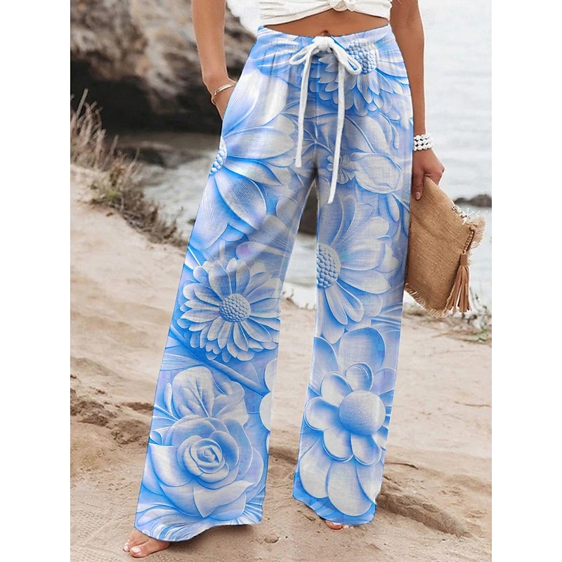 Women's Wide Leg Pants Trousers Vacation Casual Long High Waist Floral Elastic Waist Printing High Cut Breathability Soft Micro-elastic Vacation Street Daily Wear Blue Purple Khaki Gray Spring Fall4