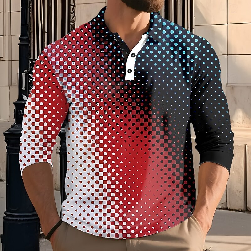 Men's Abstract Geometic Polo Long Sleeve Polo Shirts Lapel Casual Athleisure Daily Wear 3D Print Buttons Spring Fall Winter Red Blue Green