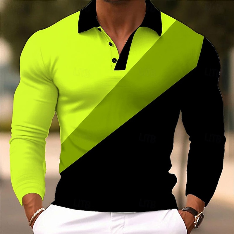 Men's Geometric Abstract Polo Long Sleeve Polo Shirts Lapel Casual Athleisure Daily Wear 3D Print Buttons Spring Fall Winter Blue Orange Green4