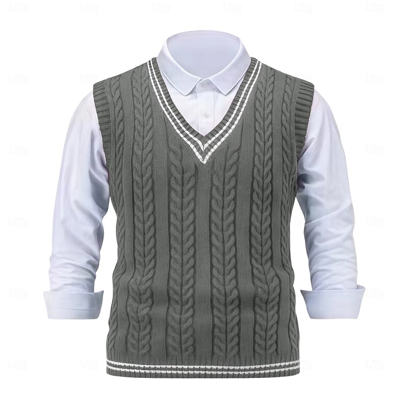 Men's Sweater Sweater Vest Pullover Sweater Jumper Cable Knit Regular Tops Knitted Slim Fit Geometric V Neck Knitwear Contemporary Casual Daily Wear Clothing Apparel Winter Spring &  Fall Black Yellow