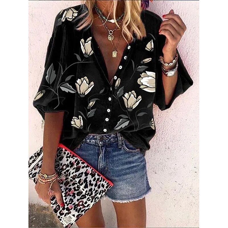 Women's Blouse Floral Graphic Bohemia Daily Casual Sleeveless 3/4 Length Sleeve High Neck Regular Tops Buttons Print Black White Red Blue Orange Summer Spring3