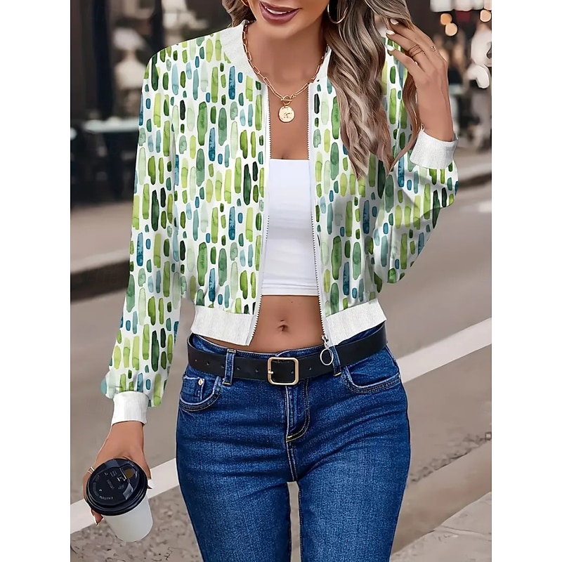Women's Bomber Jacket Casual Jacket Comfortable Breathable Zipper Print Casual Geometric Vacation Street Casual Daily Wear Zipper Short Stand Collar Regular Fit Long Sleeve Outerwear Black White Red2
