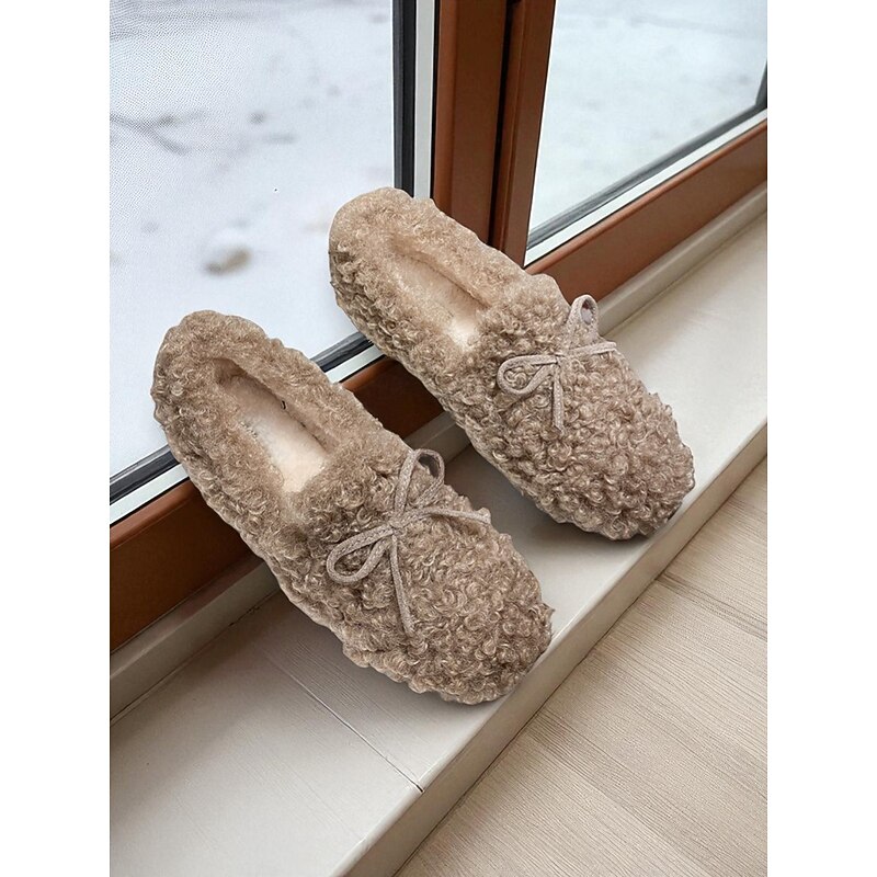 Women's Beige Fleece Loafers – Cozy Faux Shearling Slip-On Flats with Bow Detail, Warm Winter Indoor Outdoor Shoes for Home, Travel, and Casual Wear
