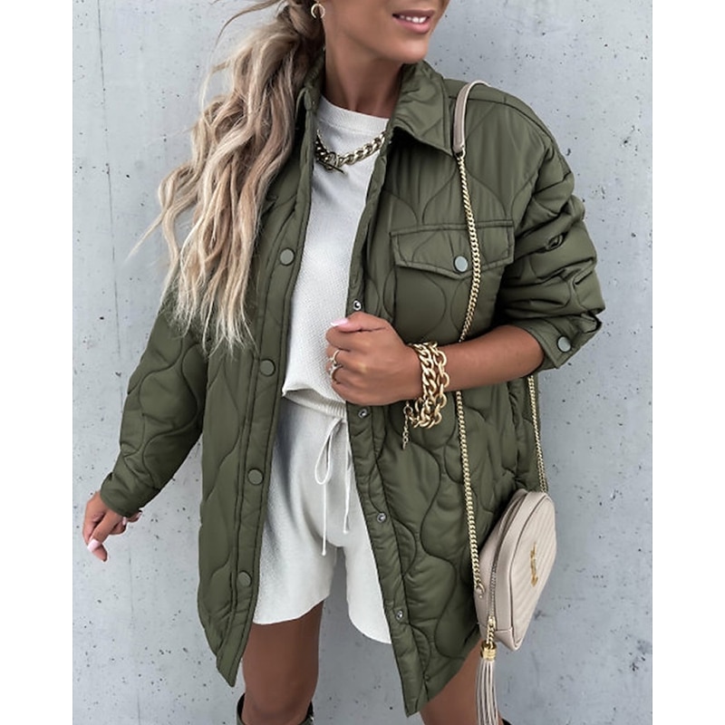 Women's Winter Jacket Coat Warm Comfortable Pocket Buttons Fashion Modern Casual Plain Going out Weekend Cardigan Regular Turndown Regular Fit Long Sleeve Outerwear Green Winter