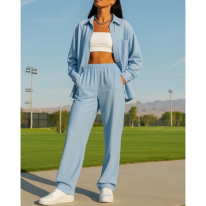 Women's Wide Leg Pants Casual Suit Shirt Jacket with Pocket Solid Colored Clothing Suit Fall White Light Green Outdoor Travel Sports High Waist Breathable Long Sleeve Sport Activewear Micro-elastic