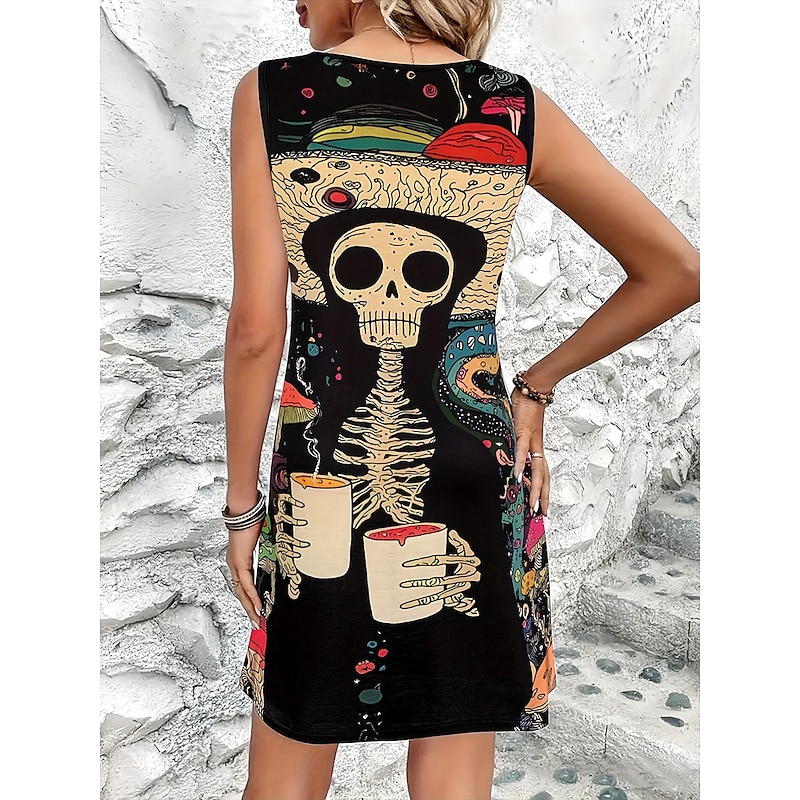 Halloween Women's Knee Length Dress Casual Dress A Line Dress Vintage Stylish Casual Home Party Beach Regular Fit Graphic Skull Sleeveless U Neck Scoop Neck Black Summer Spring Fall2