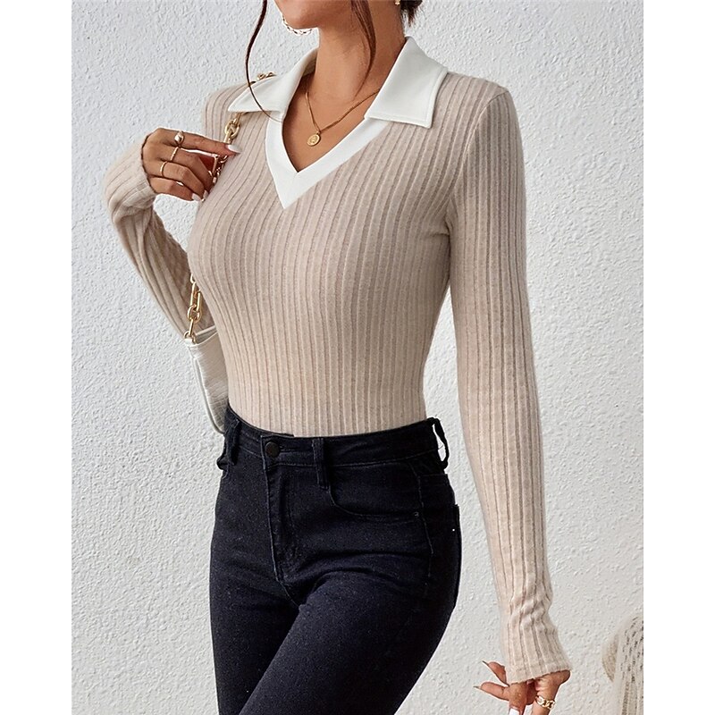 Women's Sweater Pullover Daily Stylish Casual Solid Color Ribbed V Neck Knitted Long Sleeve Regular Tops Knit Daily Holiday Going out Apricot Fall Winter3
