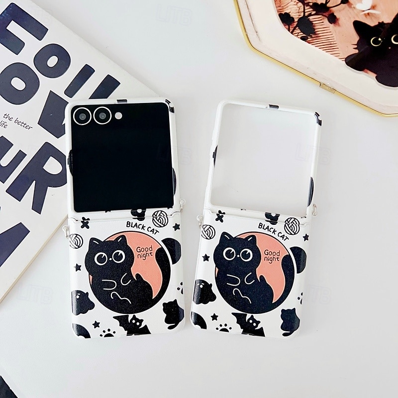 Phone Case For Samsung Galaxy Z Flip 7 Z Flip 6 Z Flip 5 Z Flip 4 Back Cover with Lanyard Shockproof Cat TPU PC2